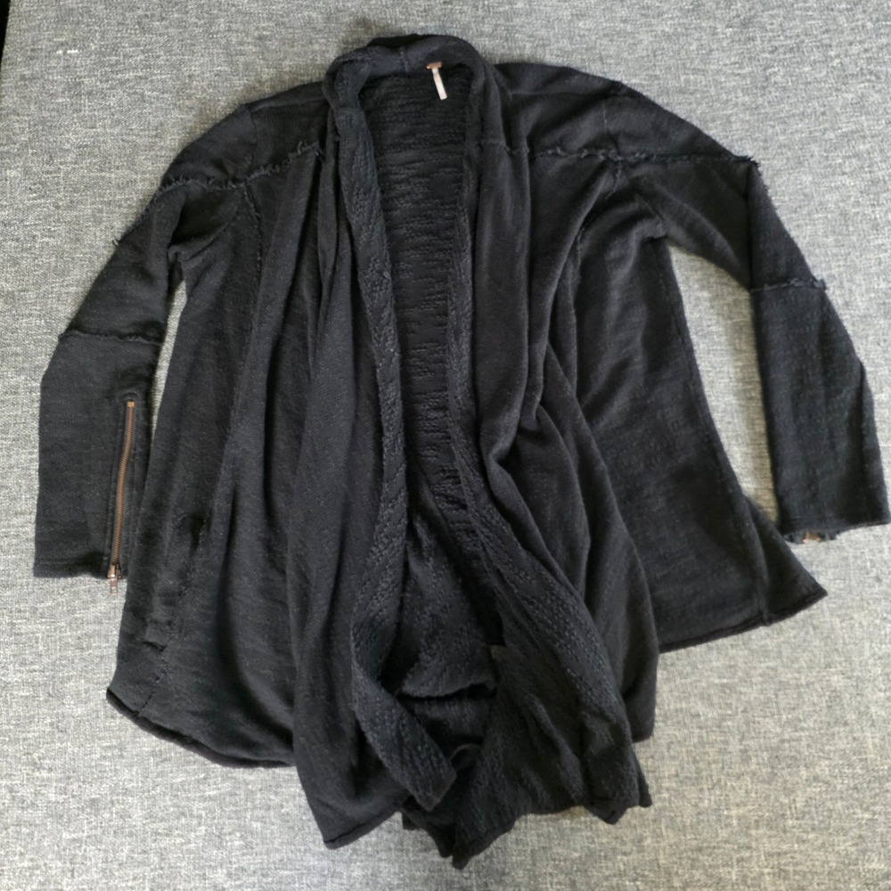 Free People Black Open Front Draped Cardigan Zipper Cuff Raw Edge Size M